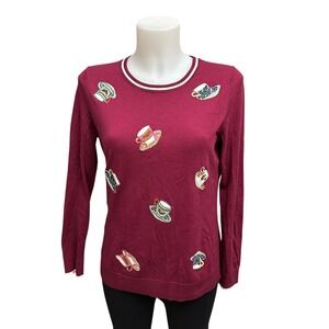 Talbots Women's Tossed Teacups Crewneck Pullover Sweater in Berry Sz‎ S